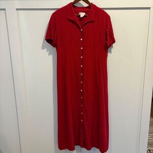 Vintage Talbots Dress 14 Red Button Down Shirt‎ Dress Maxi Short Sleeve Lined